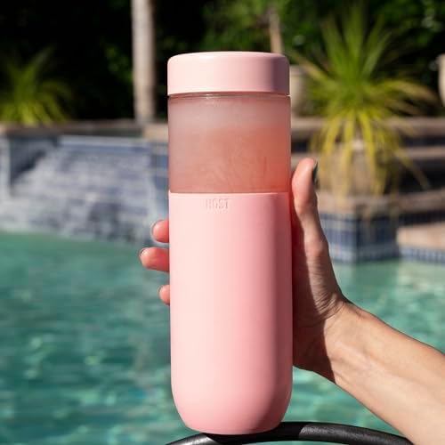HOST Freeze Double Walled Insulated Water Bottle Freezer Tumbler with Active Cooling Gel Stainless Steel Lid and Silicone Grip, Set of 1 20 Oz Plastic Bottle, Blush
